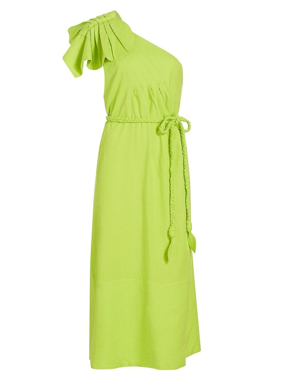 Womens Linen-Blend One-Shoulder Midi-Dress Product Image