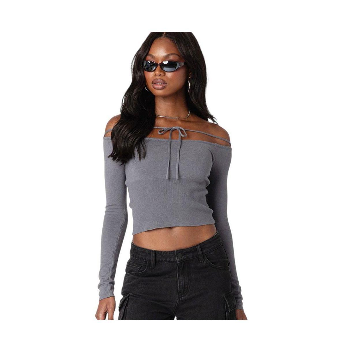 EDIKTED Jane Tie Front Off the Shoulder Long Sleeve Crop Top Product Image