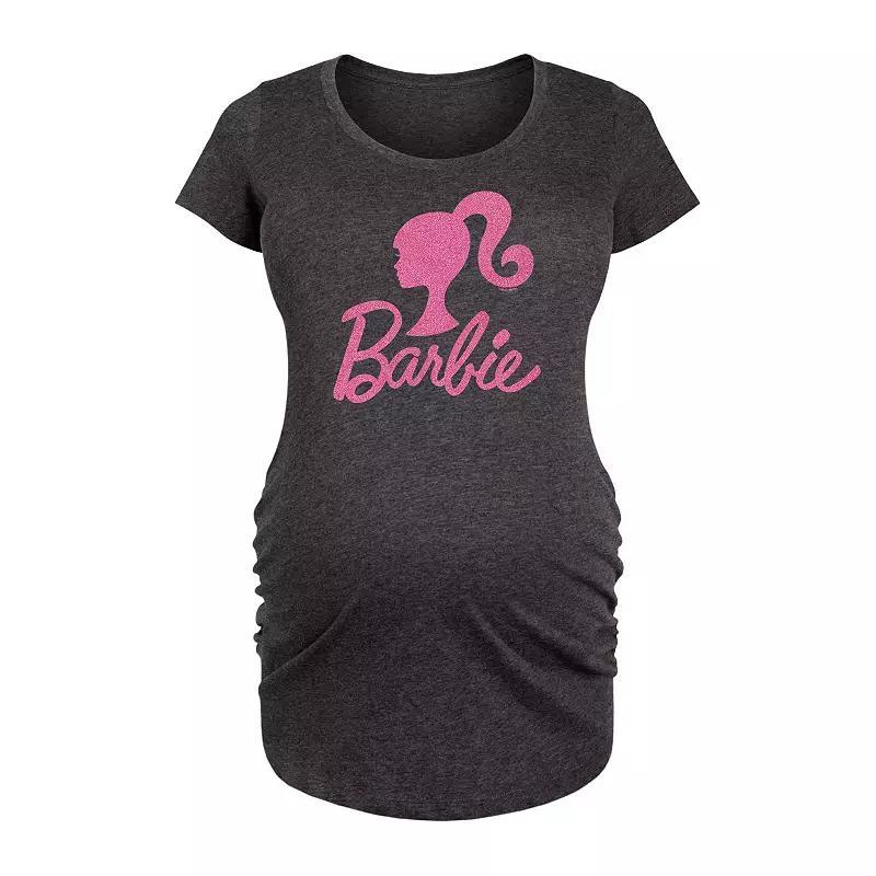 Maternity Barbie Logo Pink Glitter Graphic Tee, Womens Blue Product Image