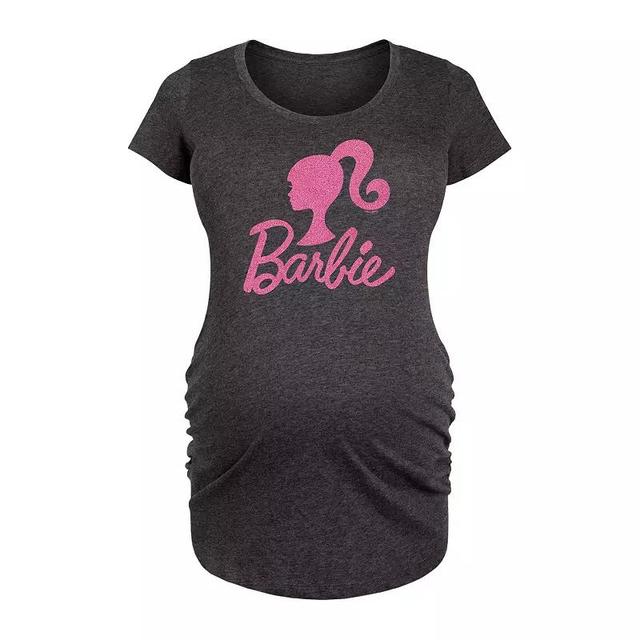 Maternity Barbie Logo Pink Glitter Graphic Tee, Womens Blue Product Image