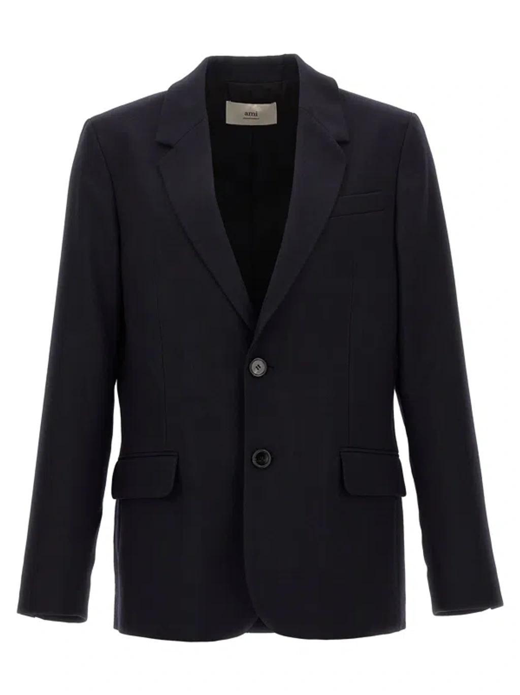 Single Breasted Virgin Wool Blazer In Navy Blue Product Image