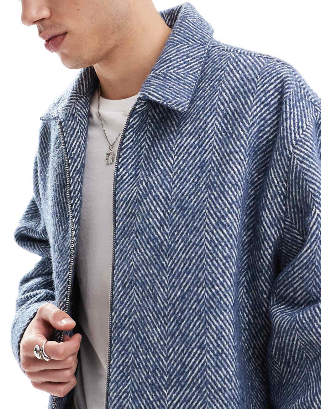 ASOS DESIGN oversized wool look harrington jacket with herringbone in navy Product Image