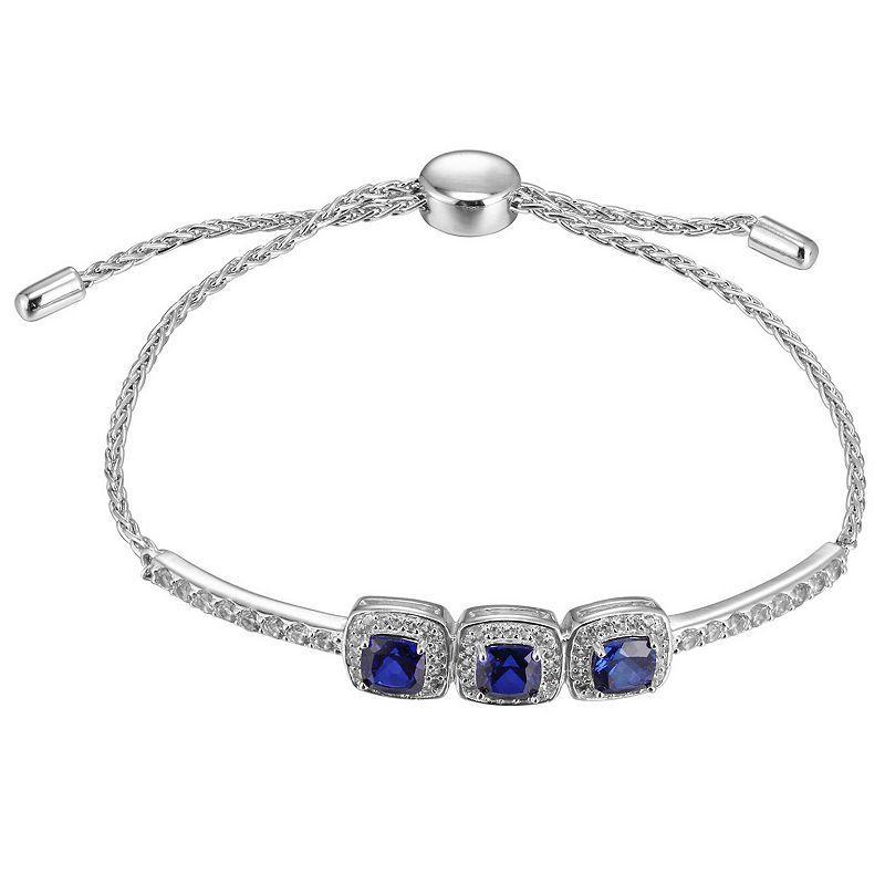 Sterling Silver Lab-Created Blue & White Sapphire Cushion Halo Lariat Bracelet, Womens Product Image