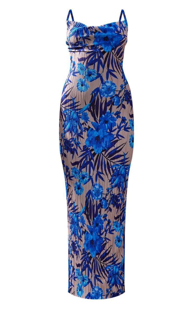 Blue Floral Print Plisse Strappy Maxi Dress Product Image