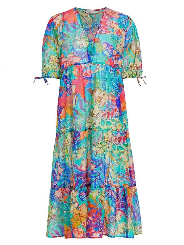 Womens Helena Floral Cotton-Silk Tiered Midi-Dress Product Image