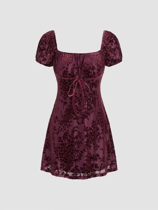 Velvet Square Neck Floral Bowknot Mini Dress Product Image