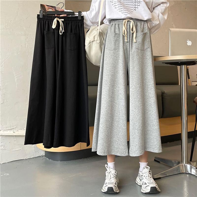 Drawstring Waist Plain Capri Wide Leg Pants Product Image