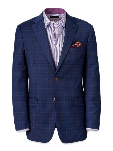 Wool Stretch Plaid Single Breasted Suit Jacket - Blue Product Image