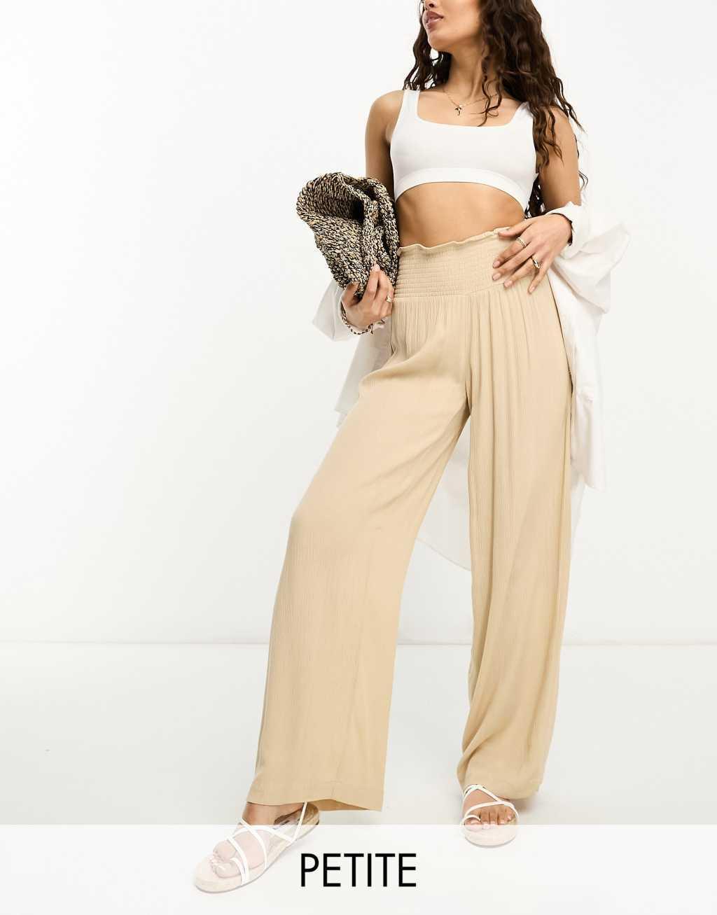 Vero Moda Petite shirred waist beach pants in beige product image