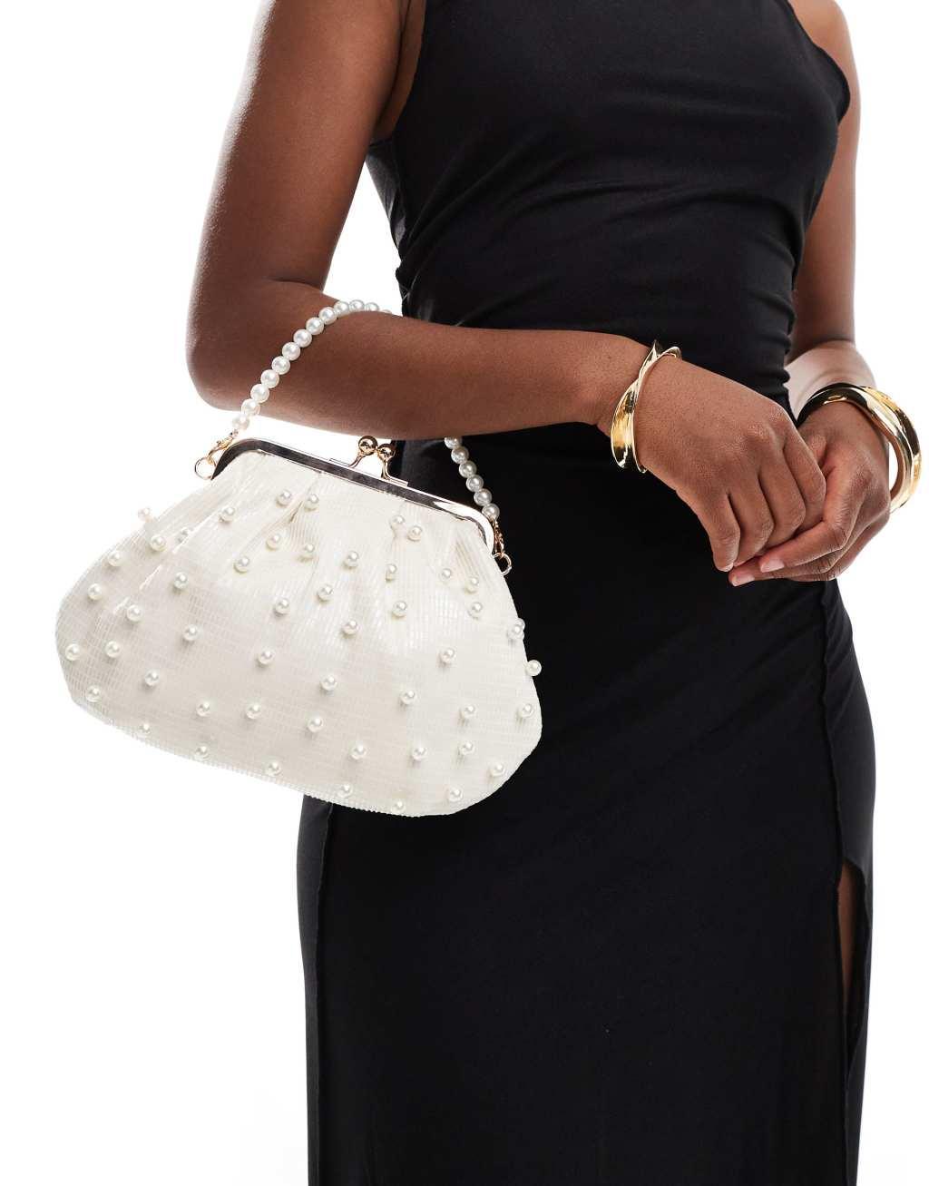 True Decadence pearl embellished bag with pearl handle in cream Product Image