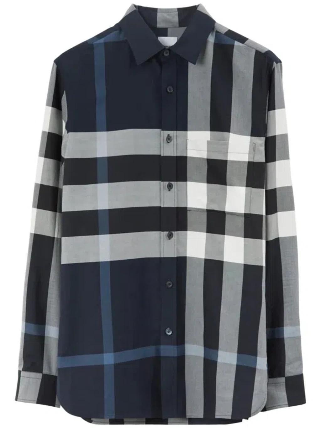 Check-print Cotton Shirt In White Blue Check Product Image