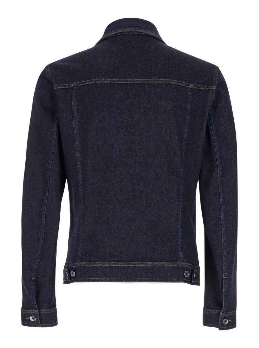 Dark Blue Jacket With Classic Collar And Contrasting Stitching In Denim Stretch And Cashmere Man Product Image