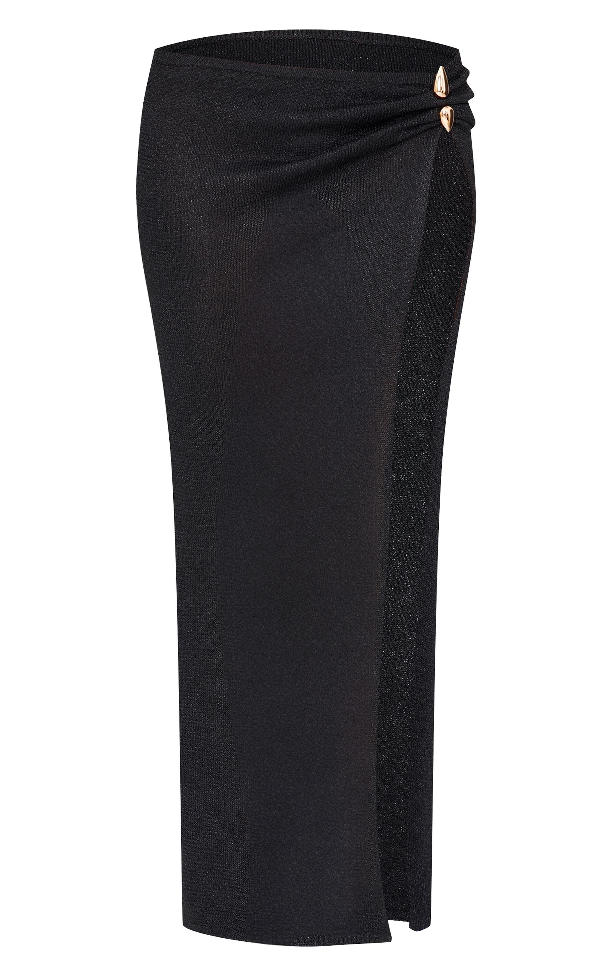 Black Lurex Knit Gold Trim Side Split Maxi Skirt Product Image