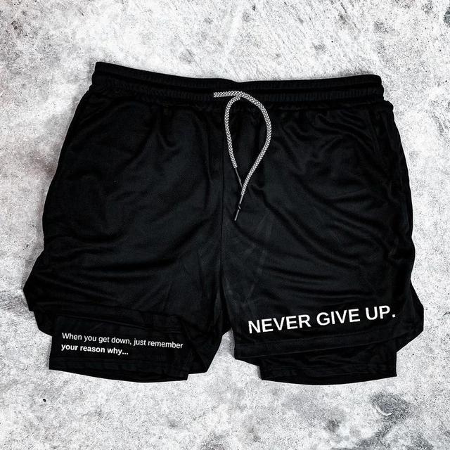 Never Give Up Print Graphic Double Layer Men's Gym Shorts Product Image