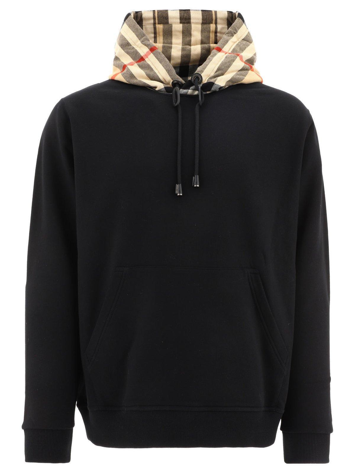 Check Detailed Drawstring Hoodie In Black Product Image