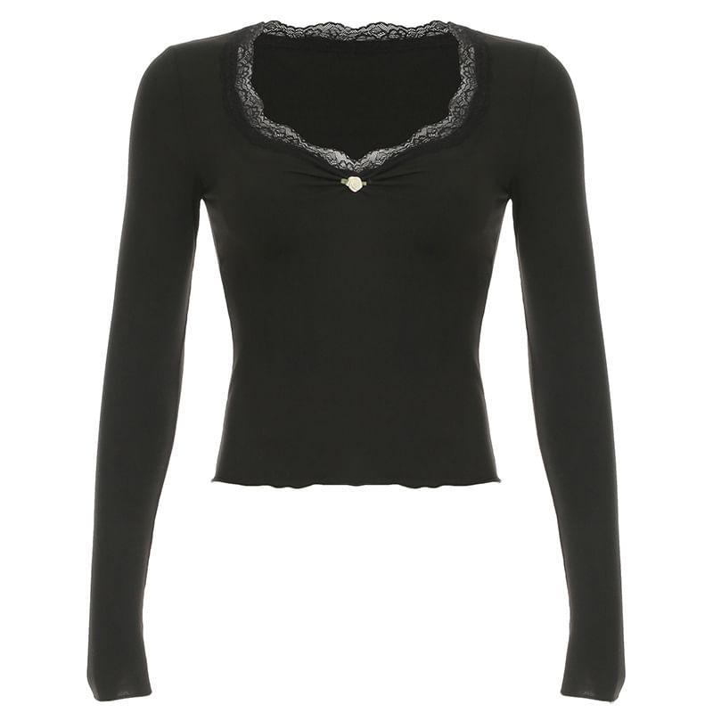 Long Sleeve V-Neck Lace-Trim Plain Ruched Slim-Fit Crop Top Product Image