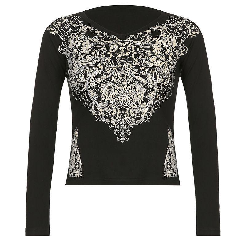 Printed Round Neck Long Sleeve Skinny Top Product Image