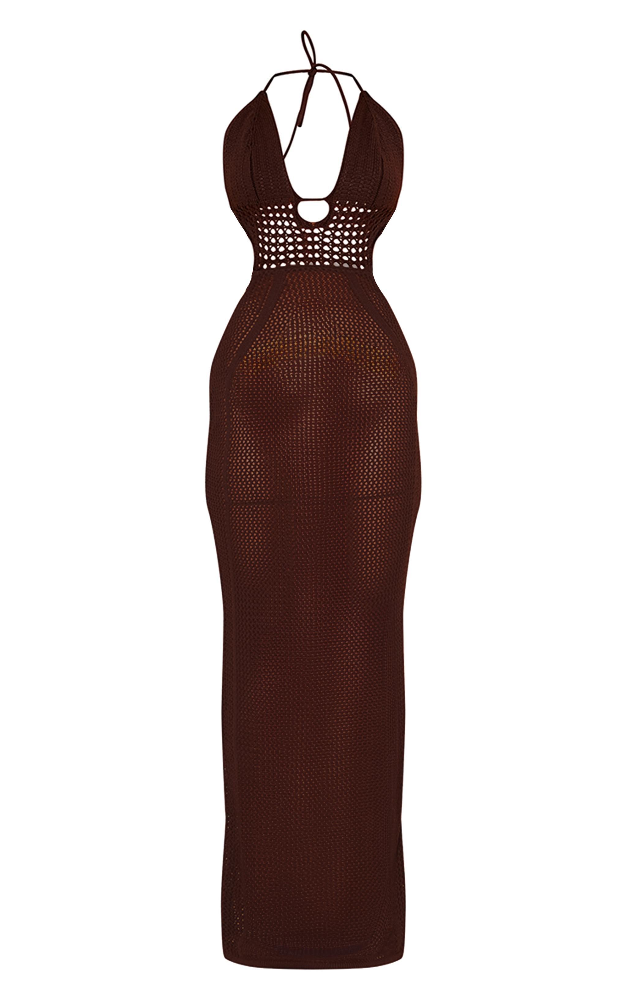 Chocolate Crochet Tie Waist Halterneck Maxi Dress Product Image