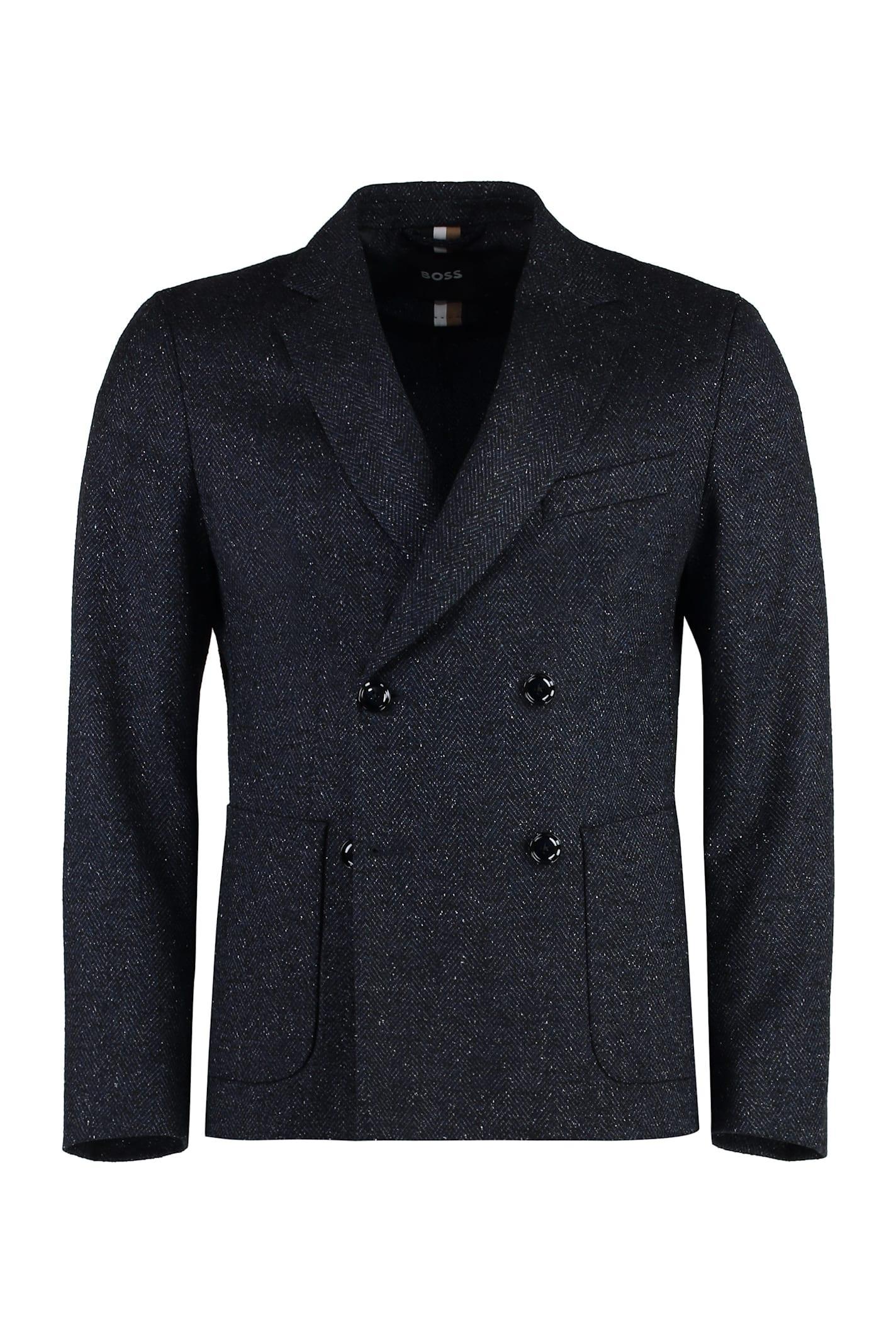 HUGO BOSS Boss Double-breasted Virgin Wool Jacket In Blue Product Image