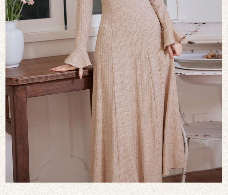 Long Sleeve Square Neck Plain Tie-Up Ruched Midi A-Line Dress / Plain Midi Open Front Cardigan Product Image