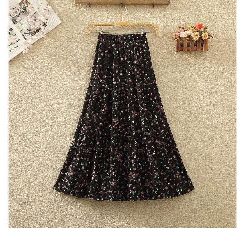 Chiffon Floral Printed Panel High Waist Maxi A-line Skirt Product Image