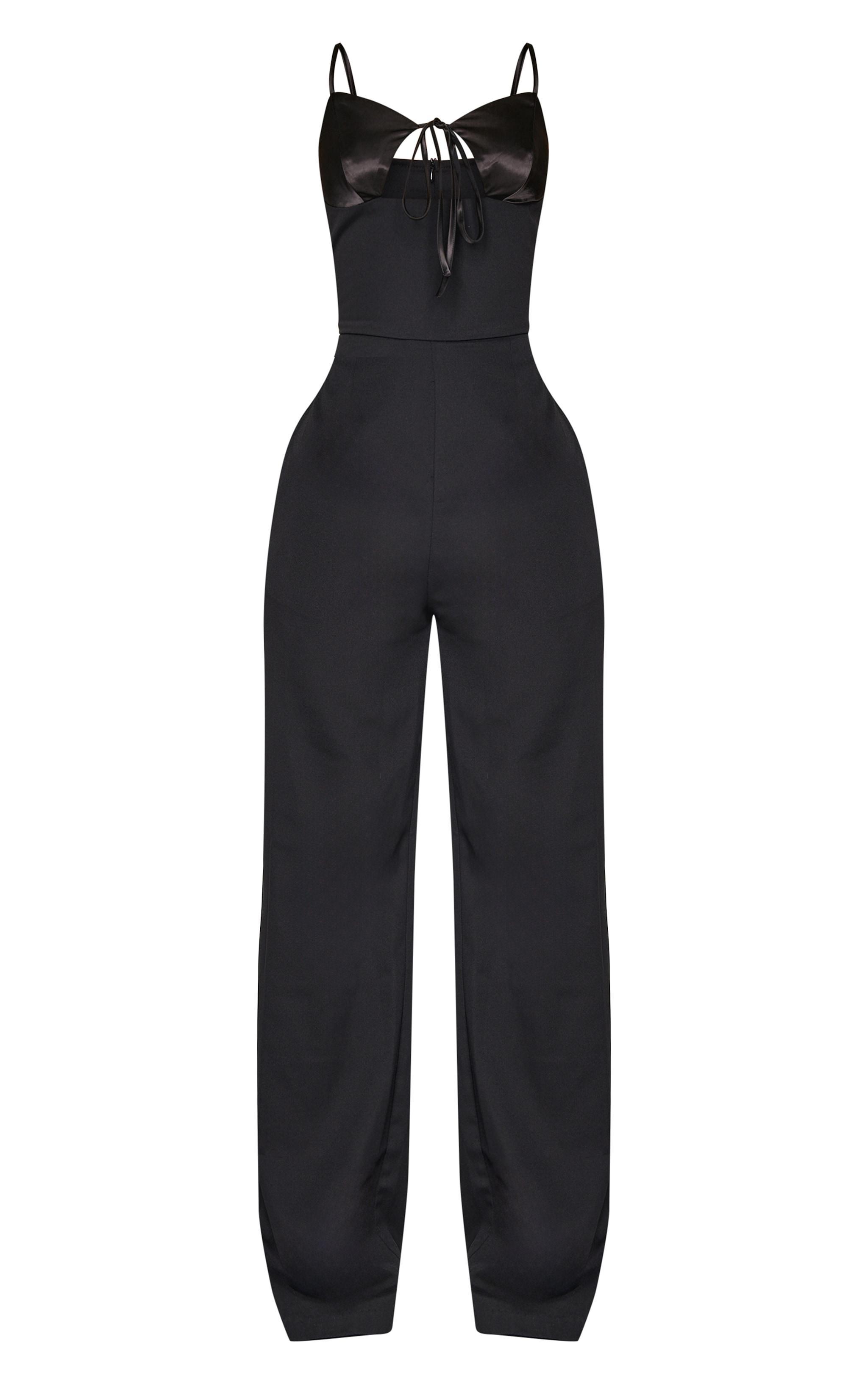 Petite Black Satin Cup Detail Straight Leg Jumpsuit Product Image