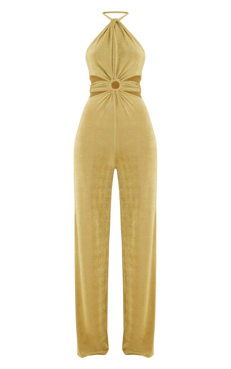 Olive Acetate Slinky Ring Detail Cut Out Halter Jumpsuit Product Image