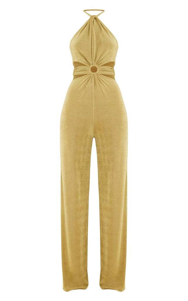 Olive Acetate Slinky Ring Detail Cut Out Halter Jumpsuit Product Image