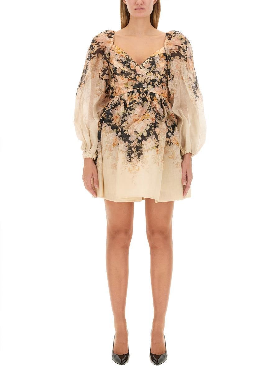 ZIMMERMANN Degrade Floral-print Long-sleeve Draped Mini Dress In Tea Rococo Floral Product Image