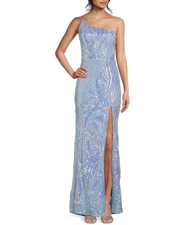 Blondie Nites Pattern Sequin One Shoulder Side Cut-Out Front Slit Long Dress Product Image