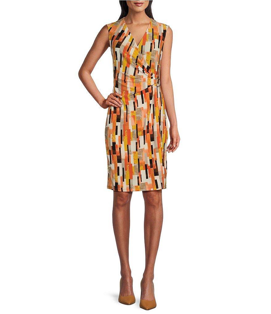 Kasper Printed Surplice V Neckline Sleeveless Faux Wrap Dress Product Image