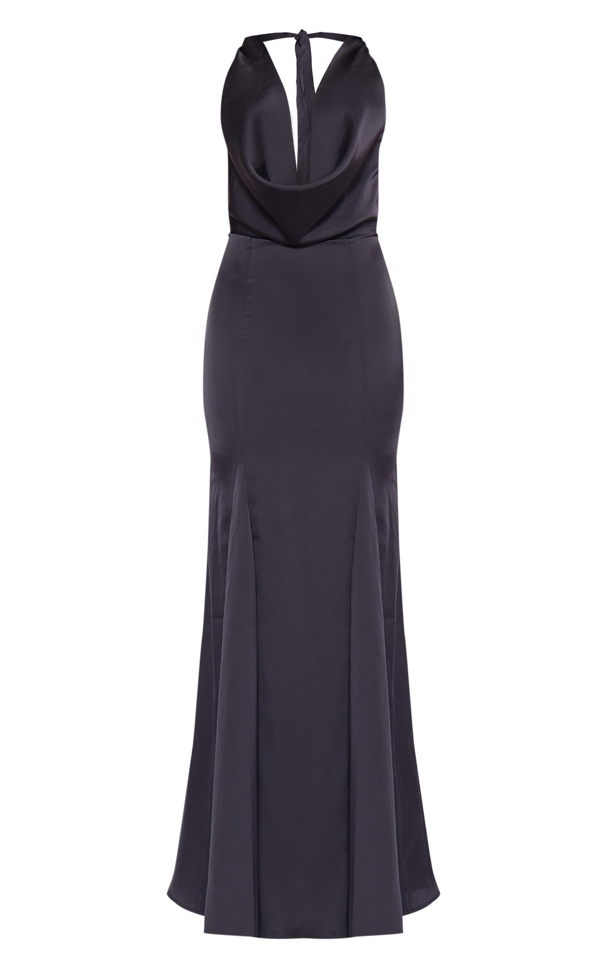 Black Satin Extreme Cowl Neck Maxi Dress Product Image