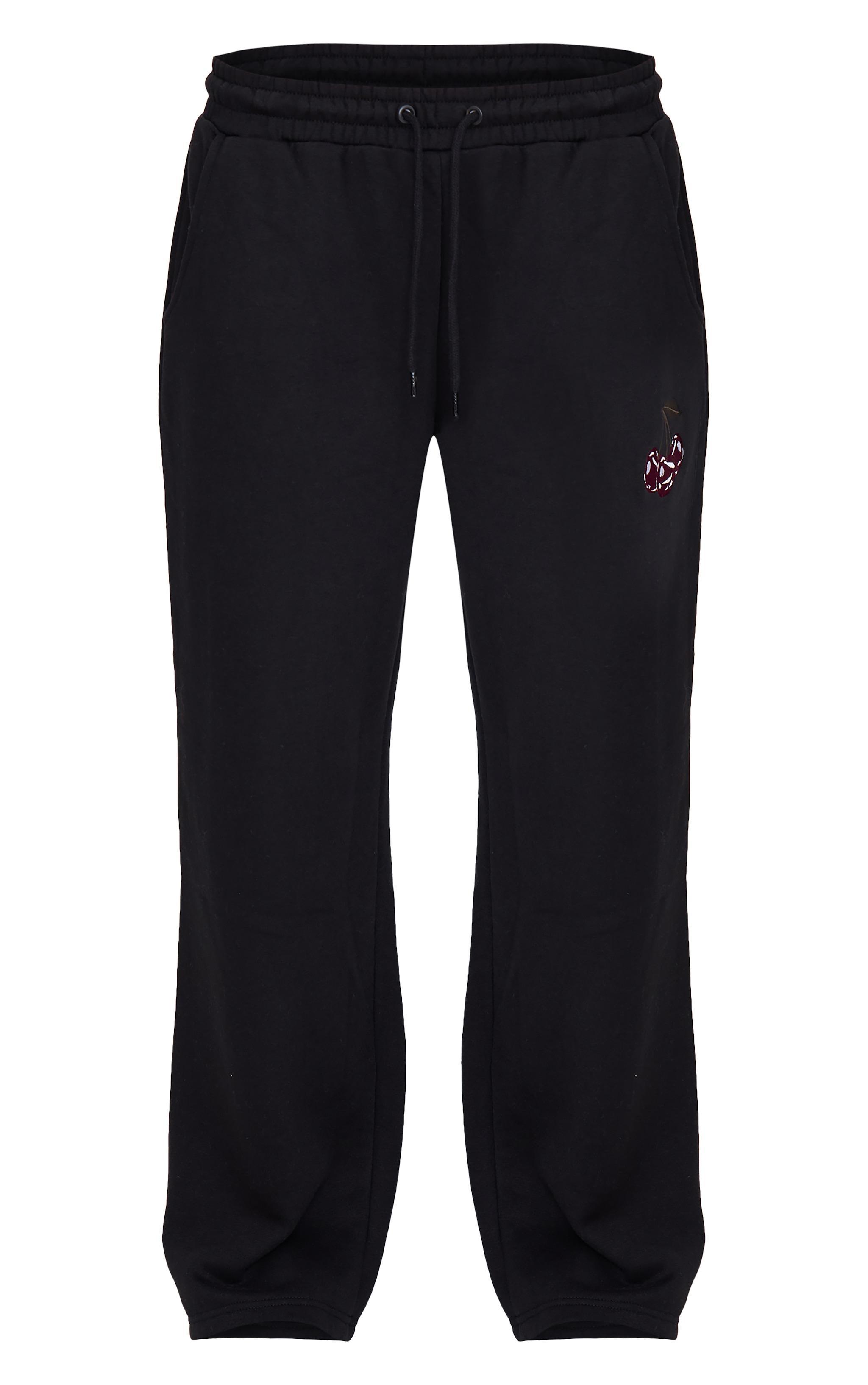 Black Embroidered Cherry Wide Leg Sweatpants Product Image