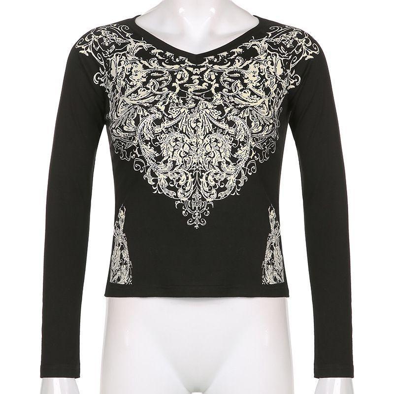 Printed Round Neck Long Sleeve Skinny Top Product Image