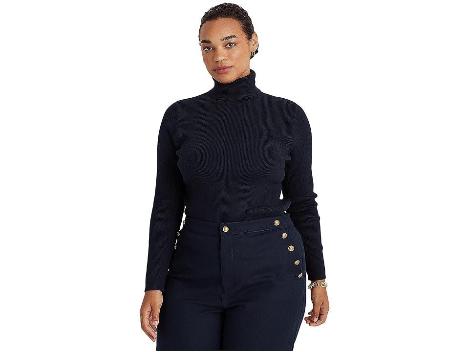 Lauren Ralph Lauren Plus-Size Ribbed Turtleneck Sweater (Lauren Navy) Women's Clothing Product Image