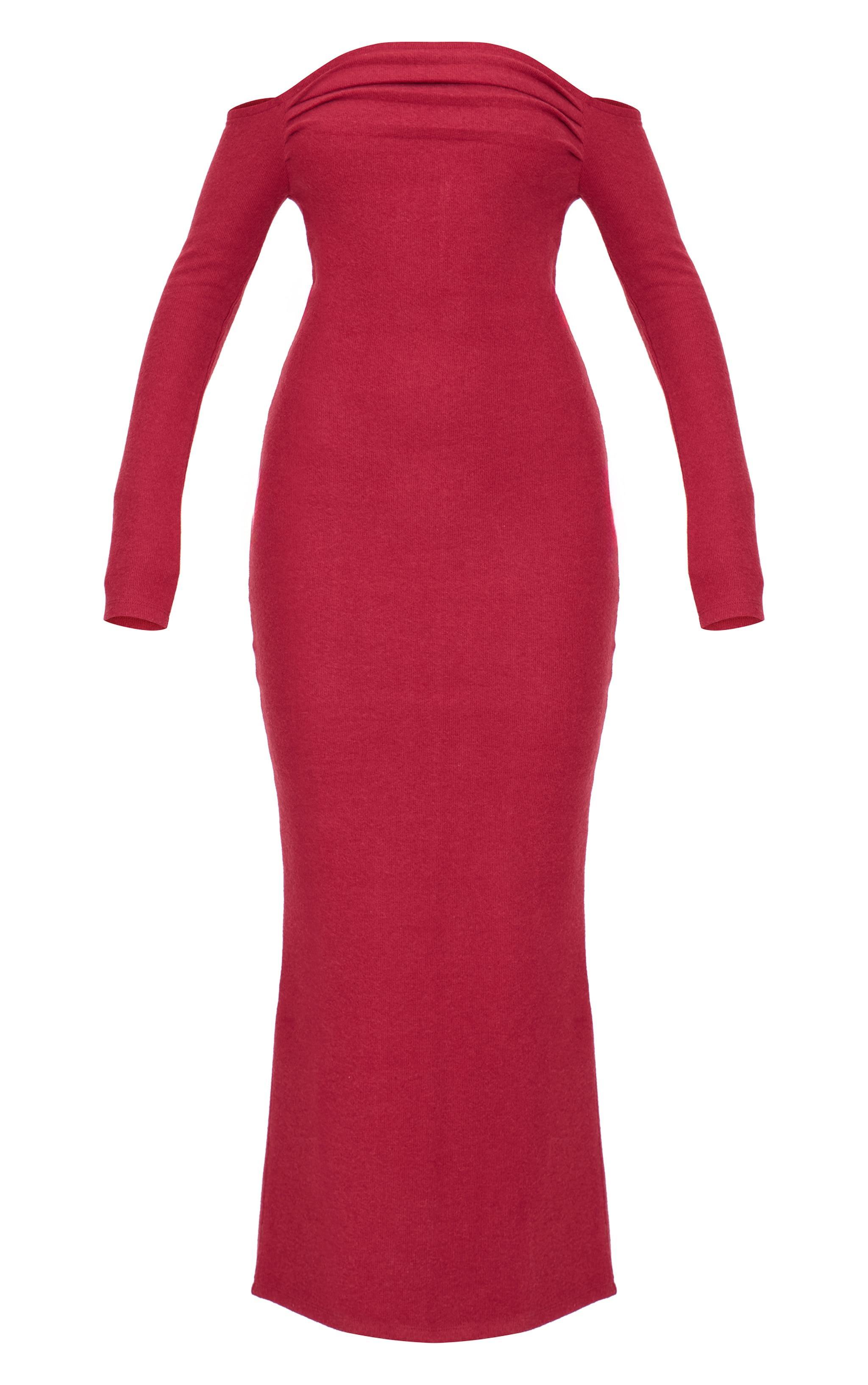  Burgundy Heavy Rib Bardot Long Sleeve Maxi Dress Product Image