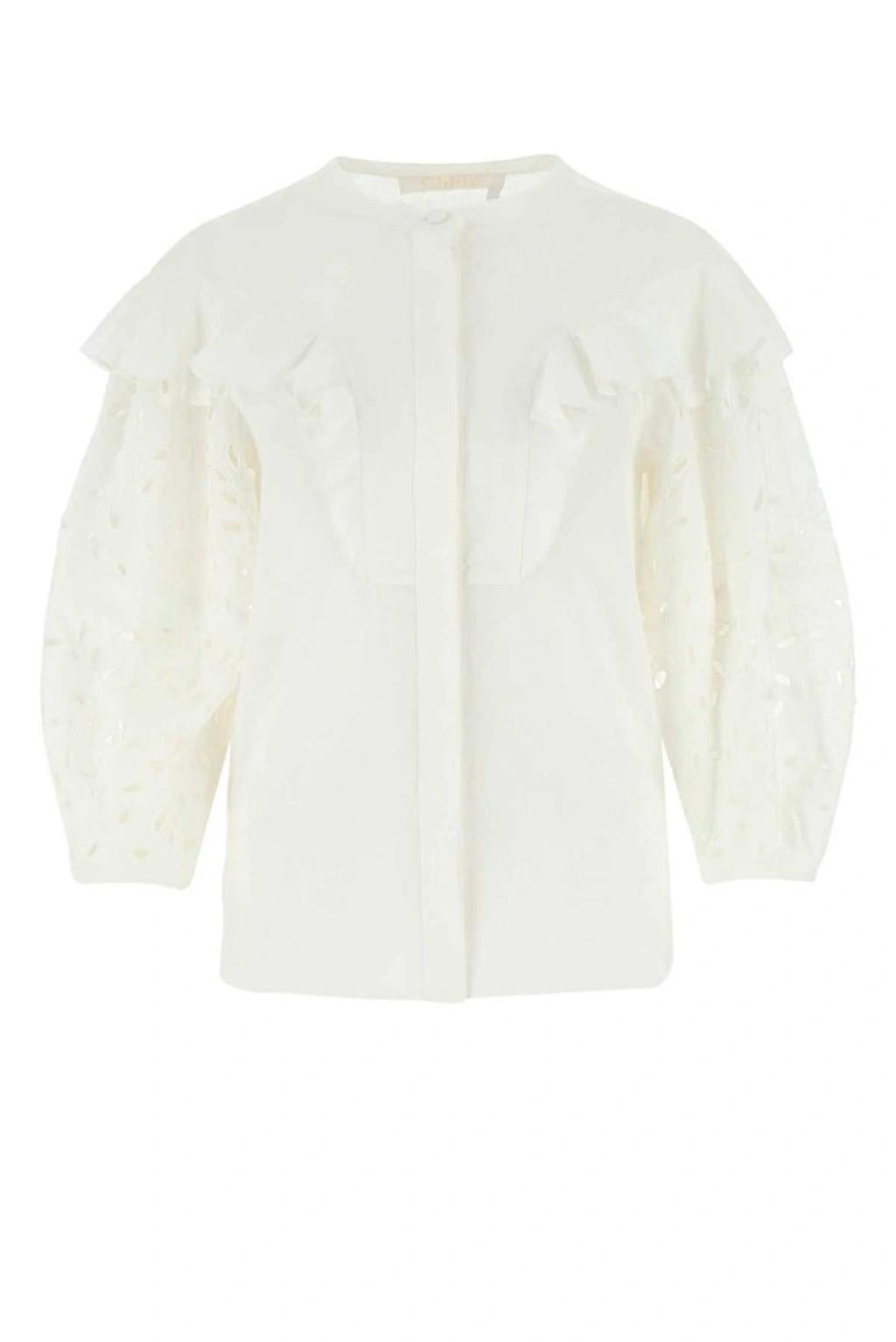 CHLOÉ Ruffled Broderie Anglaise Linen Blouse In White Product Image