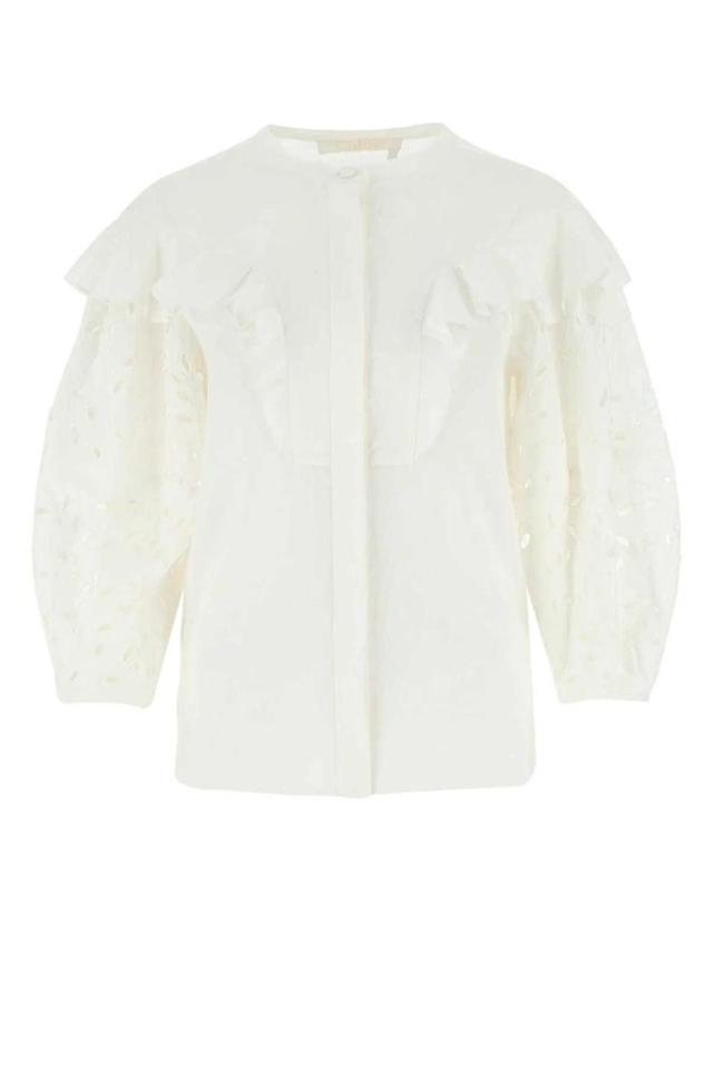 CHLOÉ Ruffled Broderie Anglaise Linen Blouse In White Product Image