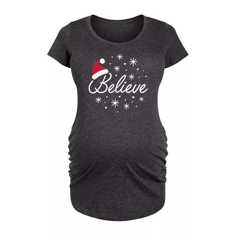 Maternity Believe With Santa Hat Graphic Tee, Womens Heather Grey Product Image