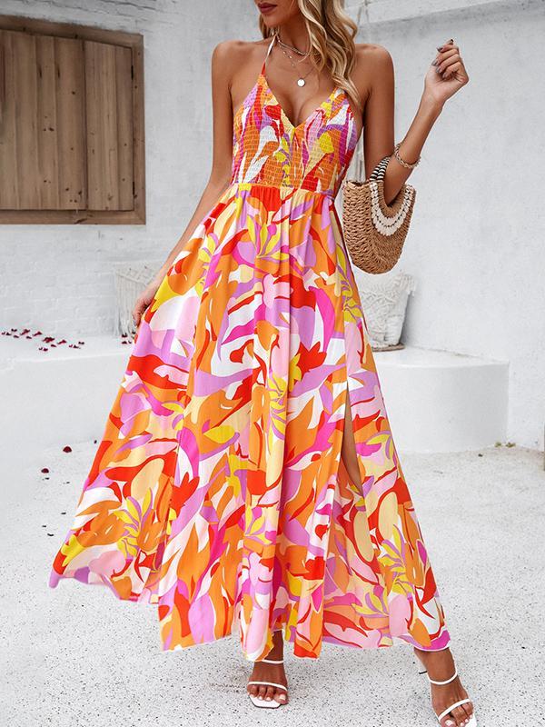 High Waisted Sleeveless Backless Elasticity Pleated Printed Split-Side Tied Halter-Neck Maxi Dresses Product Image