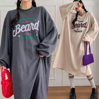 Long-Sleeve Lettering Print Midi Dress Product Image