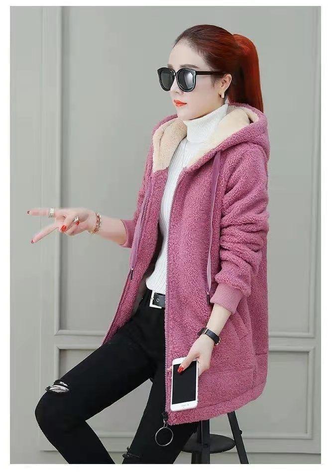 Plain Hooded Faux Shearling Long Zip Jacket Product Image