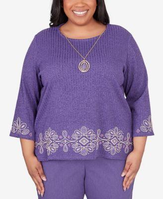 Plus Size Charm School Embroidered Medallion Top with Necklace Product Image