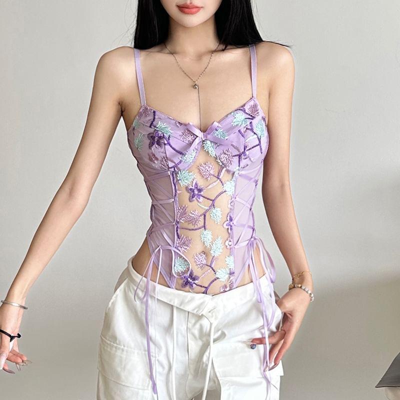 Spaghetti Strap Embroidered Bodysuit Top Product Image