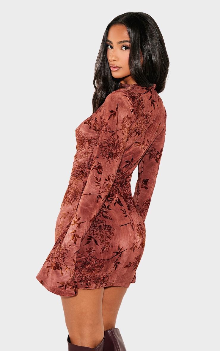 Petite Pink Devore Long Sleeve High Neck Shift Mini Dress Product Image