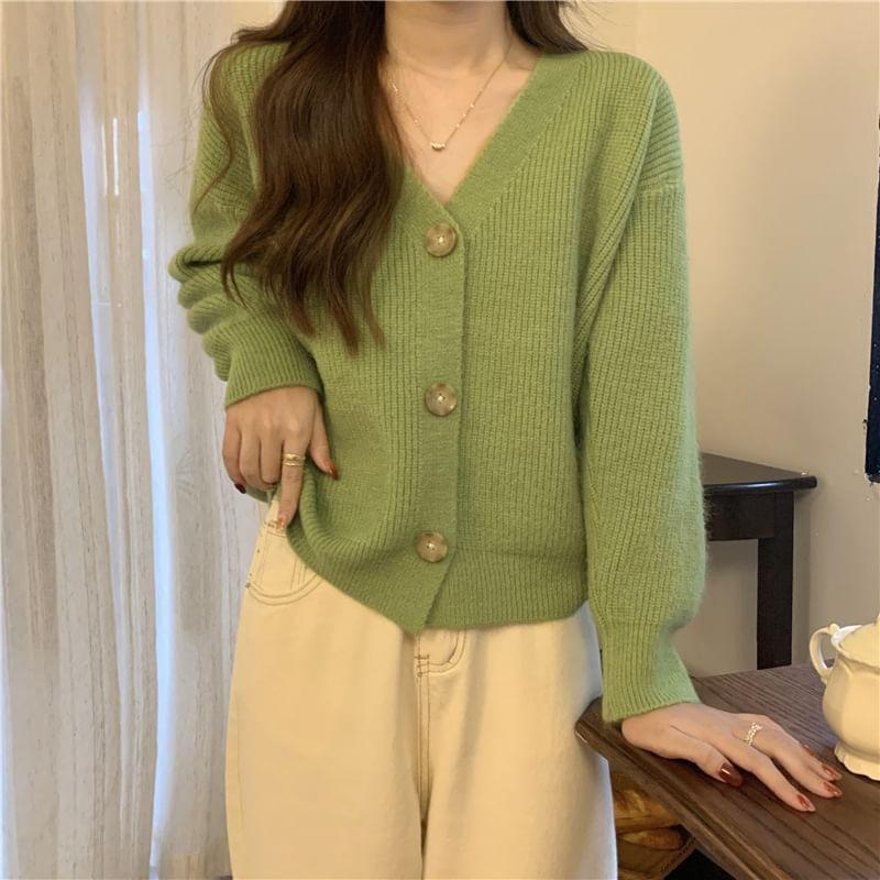 V-Neck Plain Button Cardigan Product Image