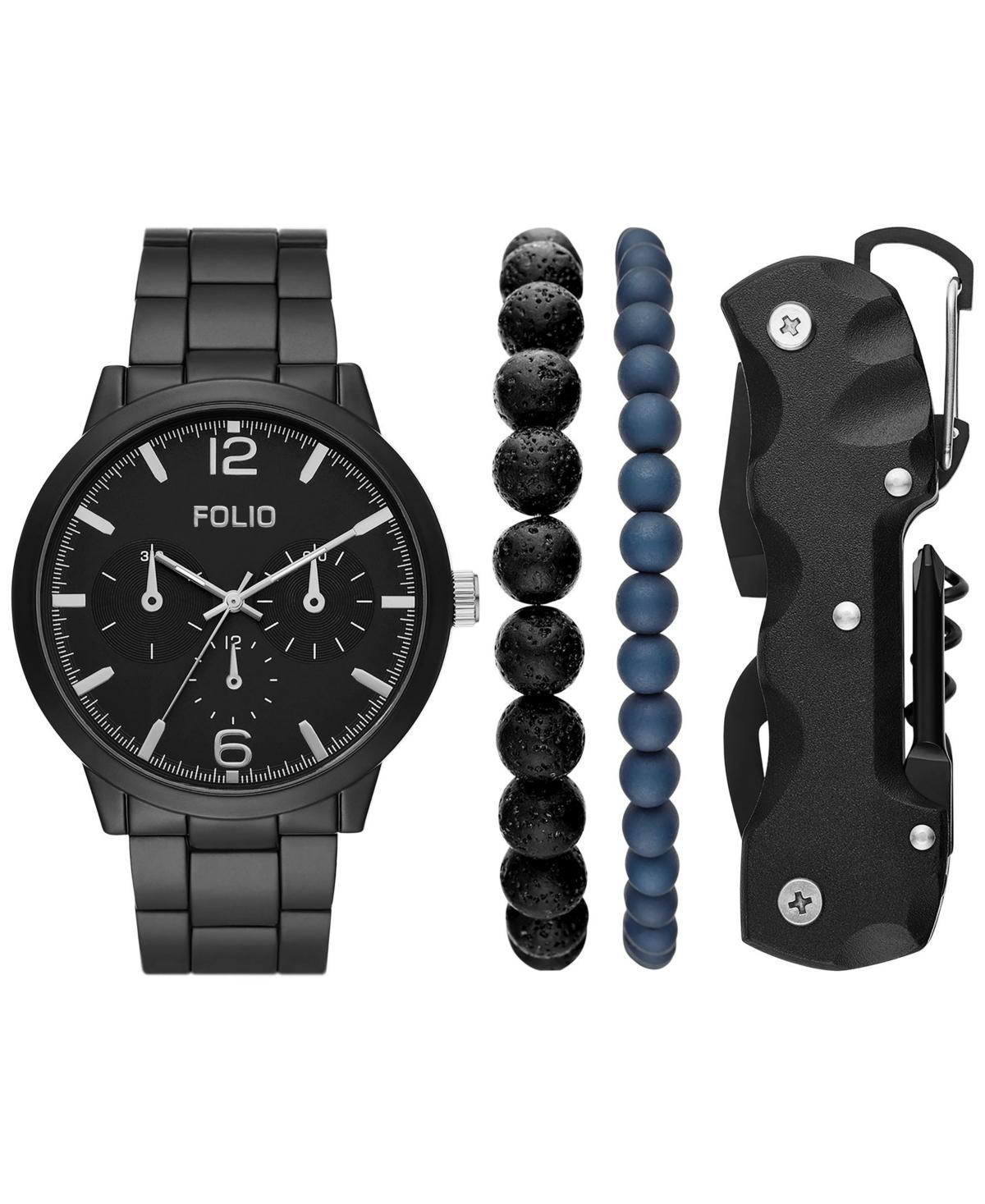 Folio Mens Three Hand Black Alloy Watch 46mm Gift Set - Black Product Image