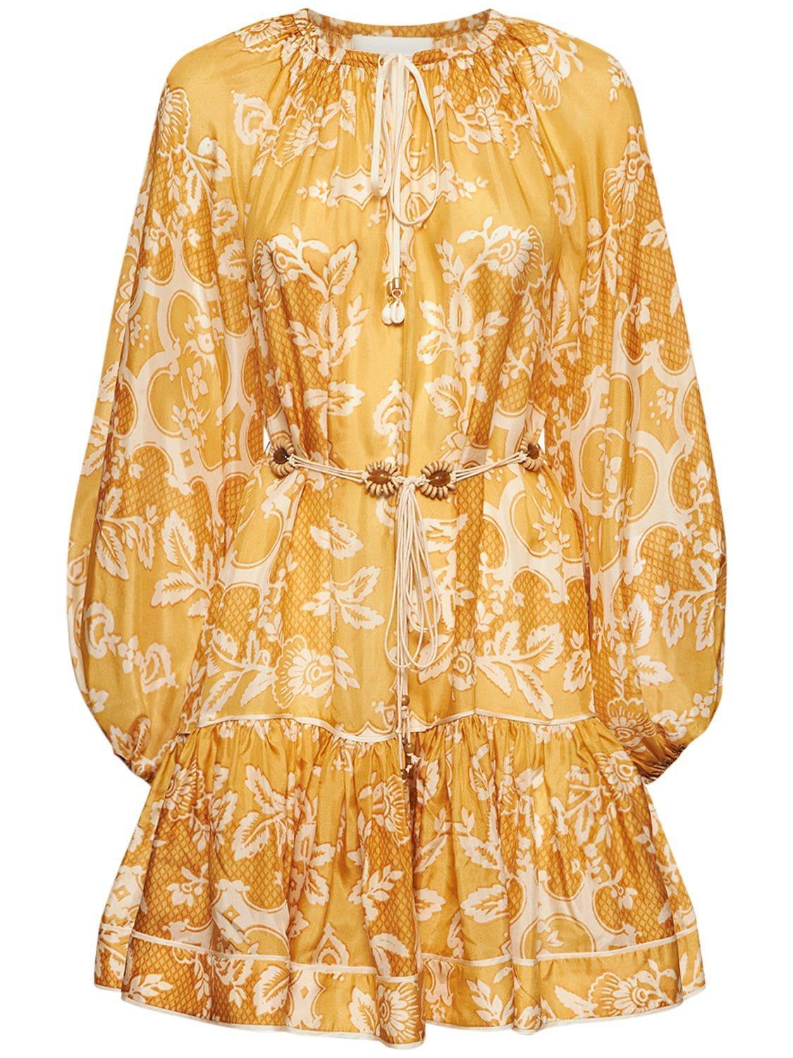 Yellow Raie Floral Print Silk Dress In Gold Product Image