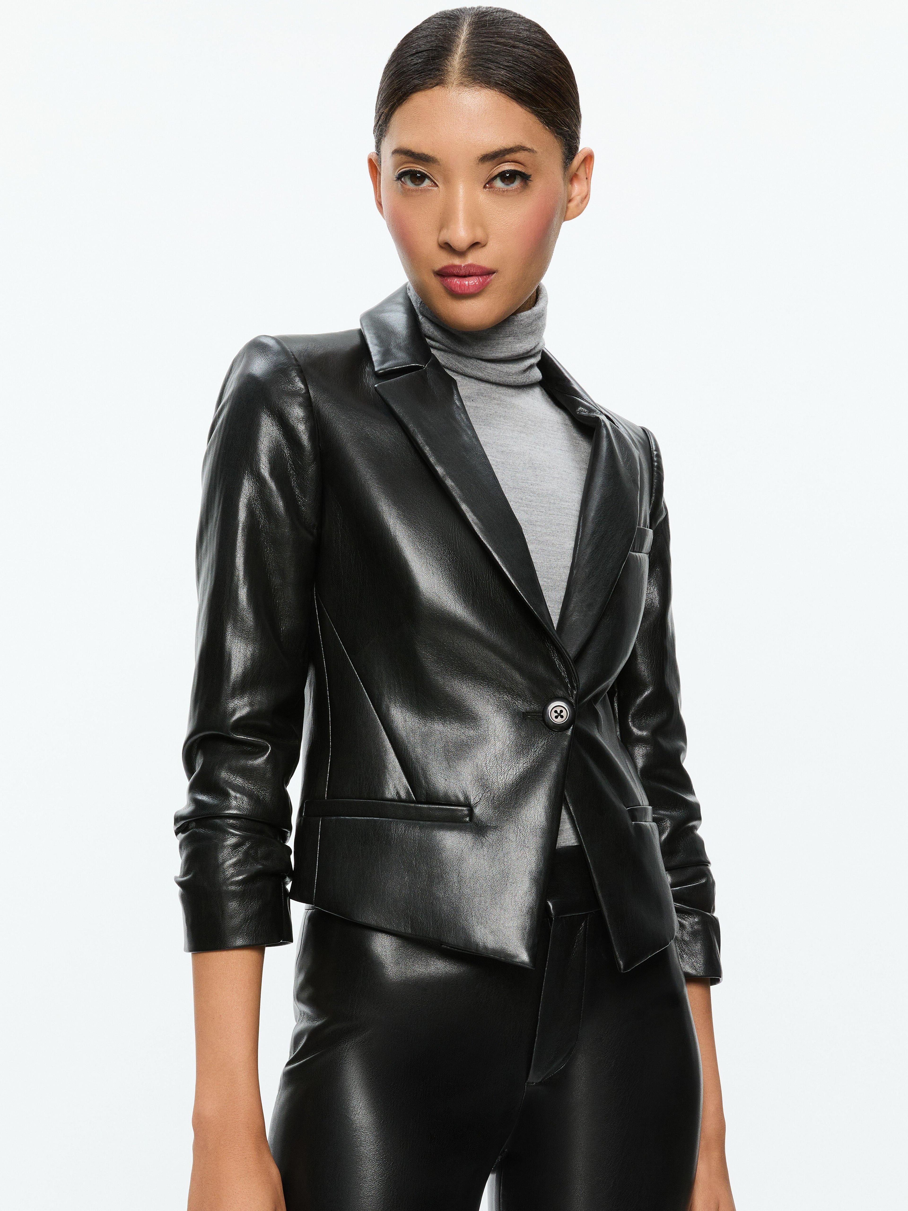 ALICE AND OLIVIA Vinnie Ruched Sleeve Vegan Leather Fitted Blazer In Black Product Image