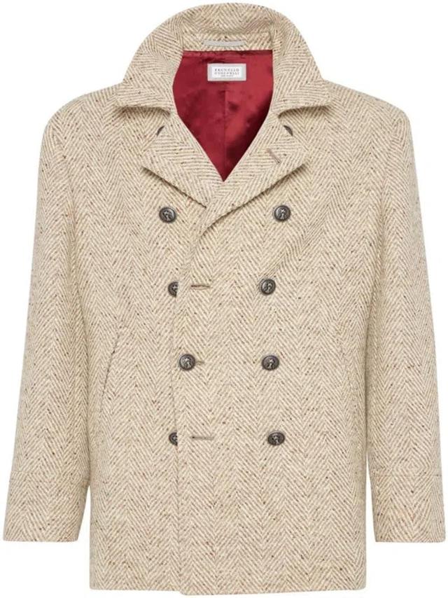 BRUNELLO CUCINELLI Herringbone Wool Peacoat In Beige Product Image